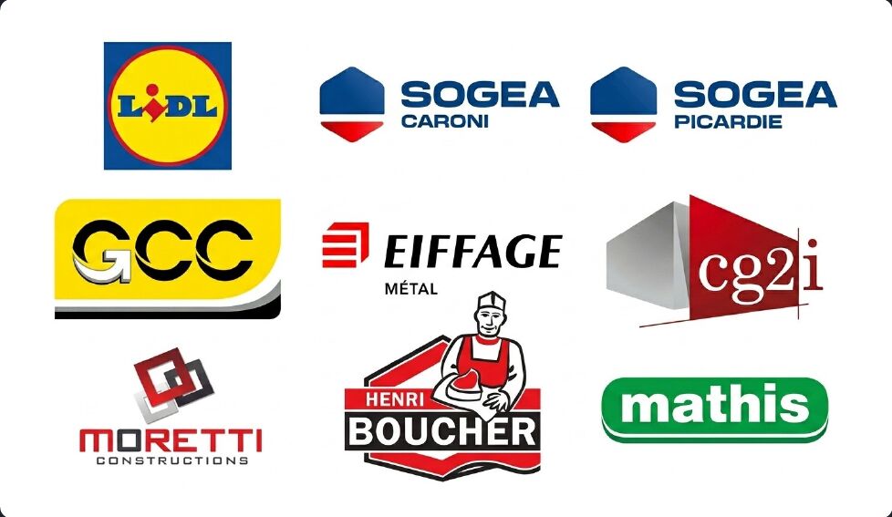Logos de nos clients : Lidl, Sogea Caroni, Sogea Picardie, GCC, Eiffage Métal, CG2I, Moretti Constructions, Henri Boucher, Mathis